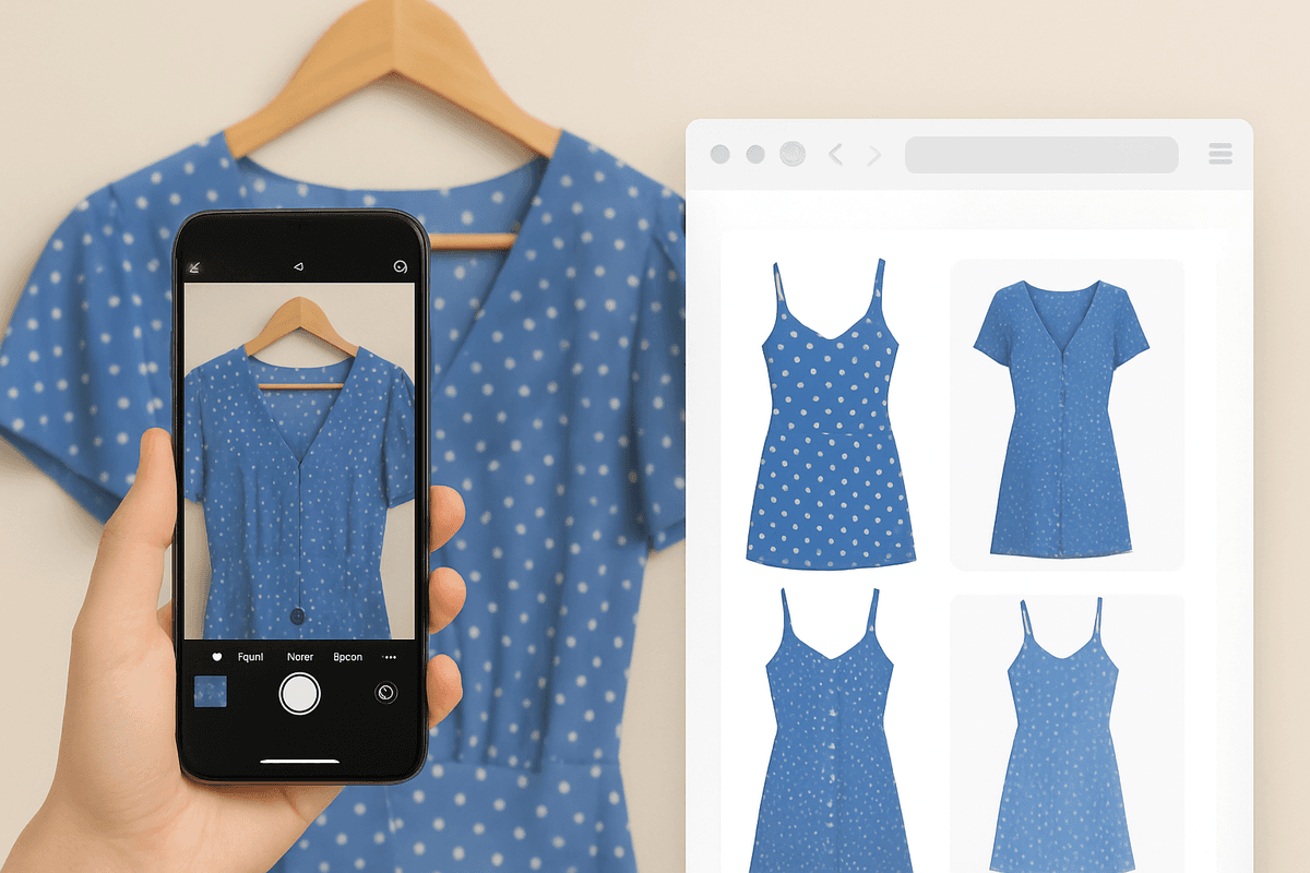 Visual search technology demonstration showing a mobile phone scanning a dress and finding similar products